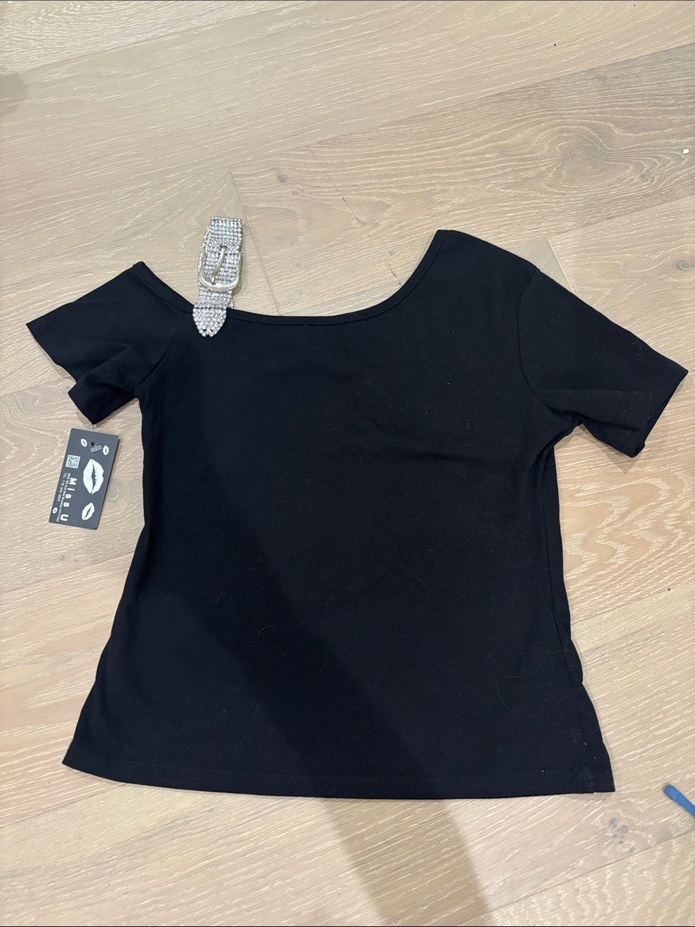 Black Short Sleeve Women's Top with Rhinestone Buckle Detail